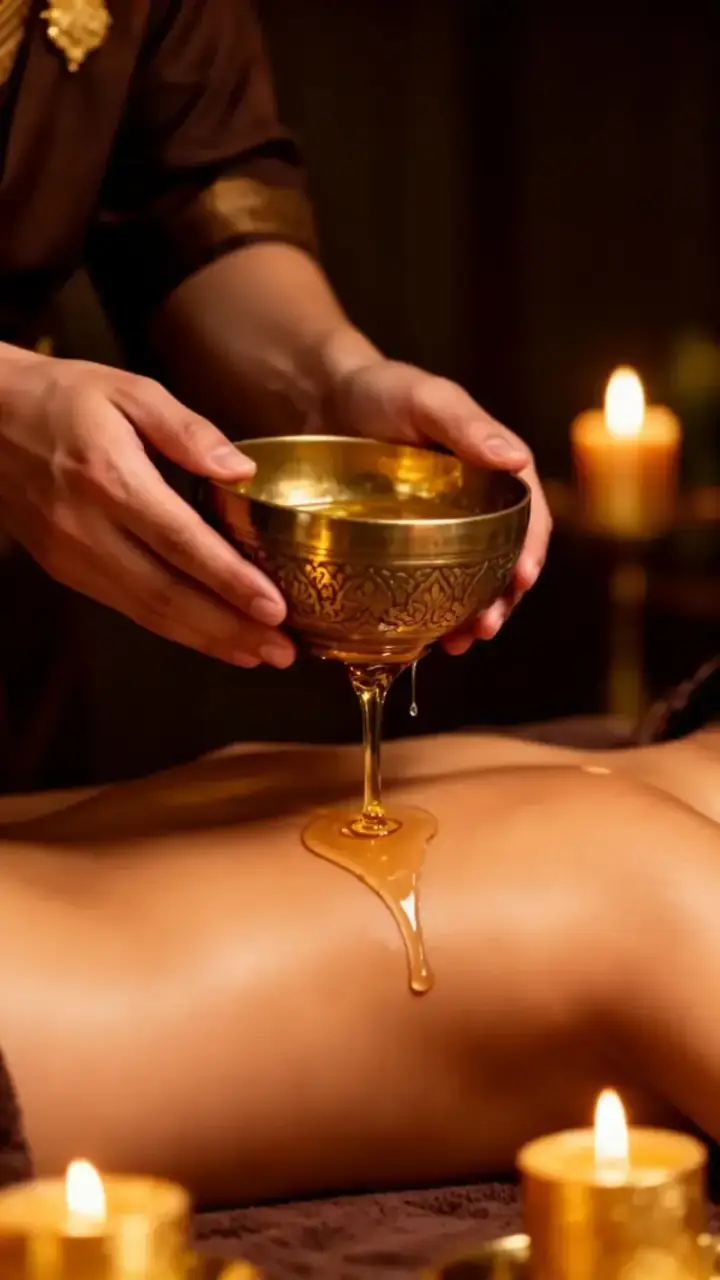 Therapist pouring warm aromatic oil from a brass bowl